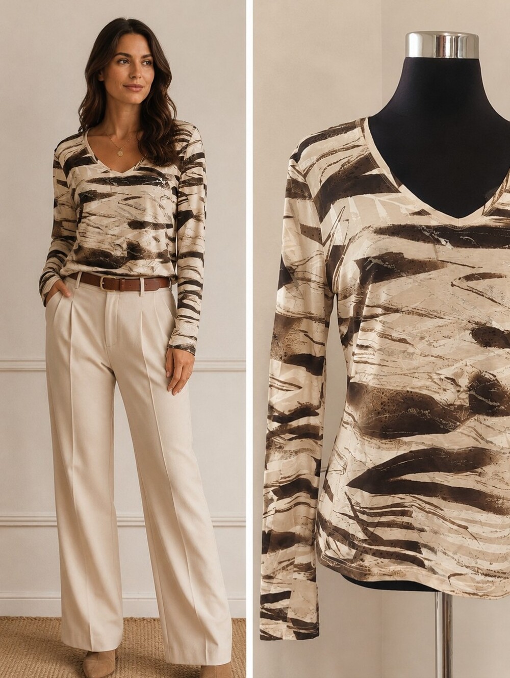 Abstract Neutral Print V-Neck | Betty Barclay Elements | Soft Stretch Pullover
